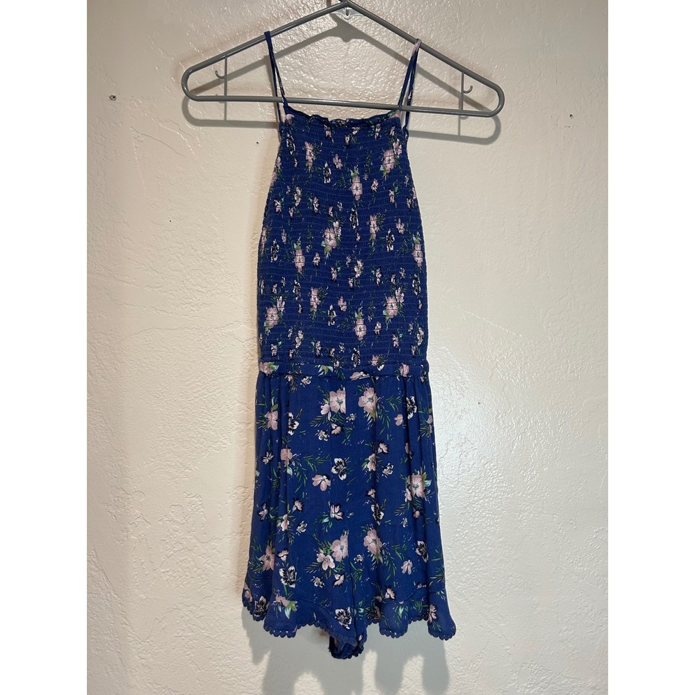 Blue Floral Smocked Romper Adjustable Straps Crochet Trim  Pom Hem‎ Womens small